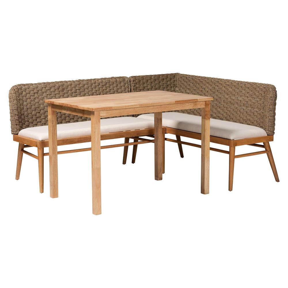 Denver Modern Bohemian Natural Seagrass and Acacia Wood 3-Piece Dining Nook Set. Picture 12