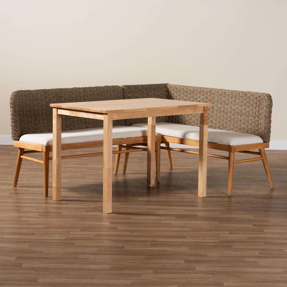 Denver Modern Bohemian Natural Seagrass and Acacia Wood 3-Piece Dining Nook Set. Picture 21