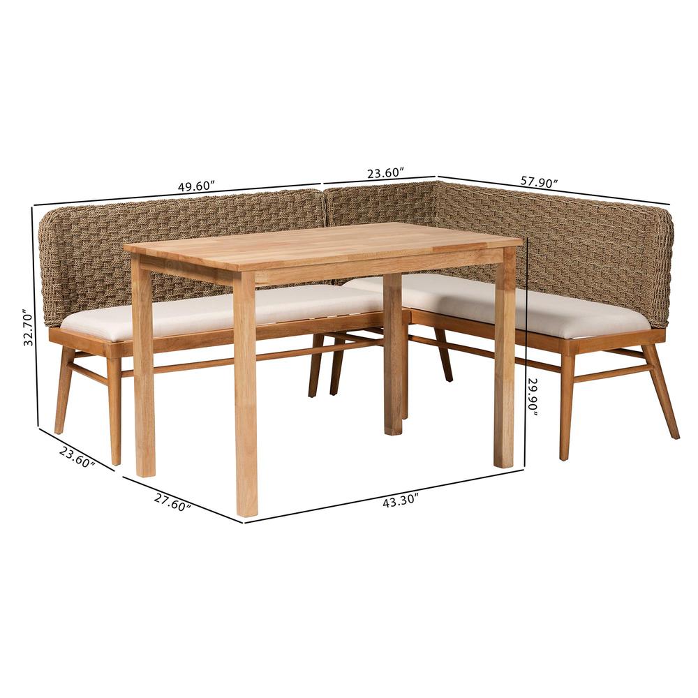 Denver Modern Bohemian Natural Seagrass and Acacia Wood 3-Piece Dining Nook Set. Picture 22