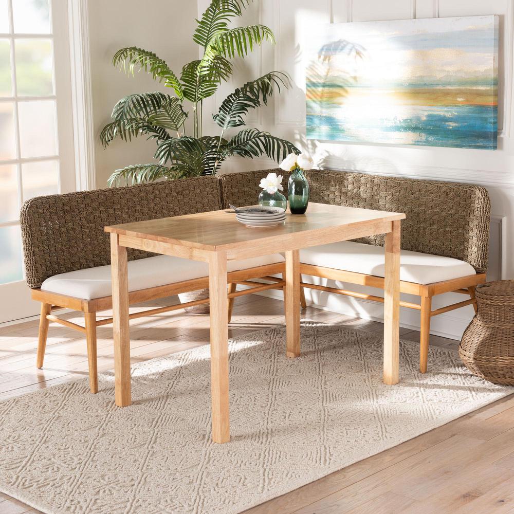 Denver Modern Bohemian Natural Seagrass and Acacia Wood 3-Piece Dining Nook Set. Picture 20