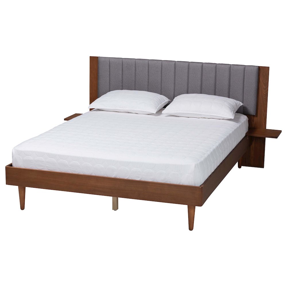 Grey Fabric and Walnut Brown Wood Queen Size Bed with Built-In Side Tables. Picture 12