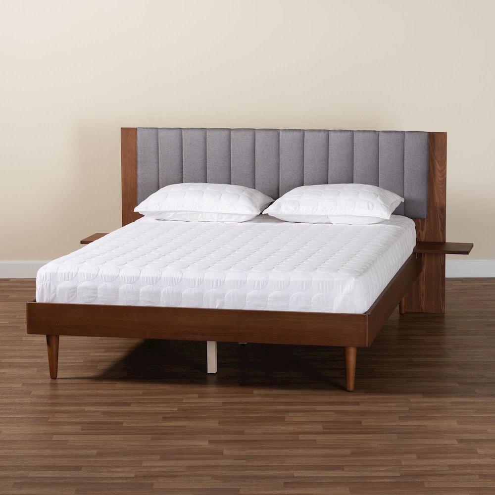 Grey Fabric and Walnut Brown Wood Queen Size Bed with Built-In Side Tables. Picture 21