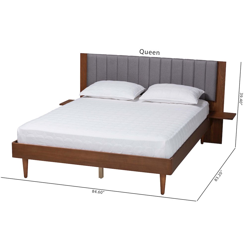 Grey Fabric and Walnut Brown Wood Queen Size Bed with Built-In Side Tables. Picture 22