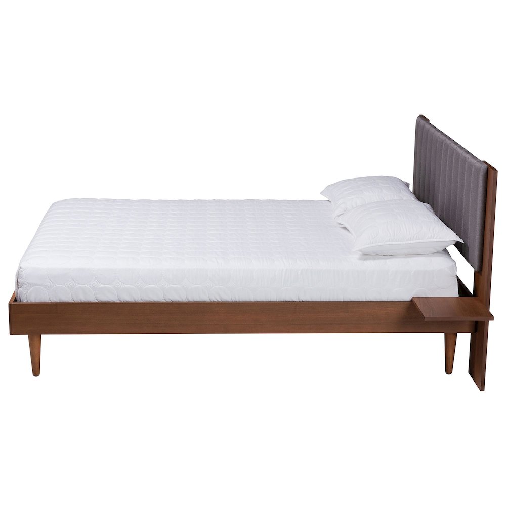 Grey Fabric and Walnut Brown Wood Queen Size Bed with Built-In Side Tables. Picture 13