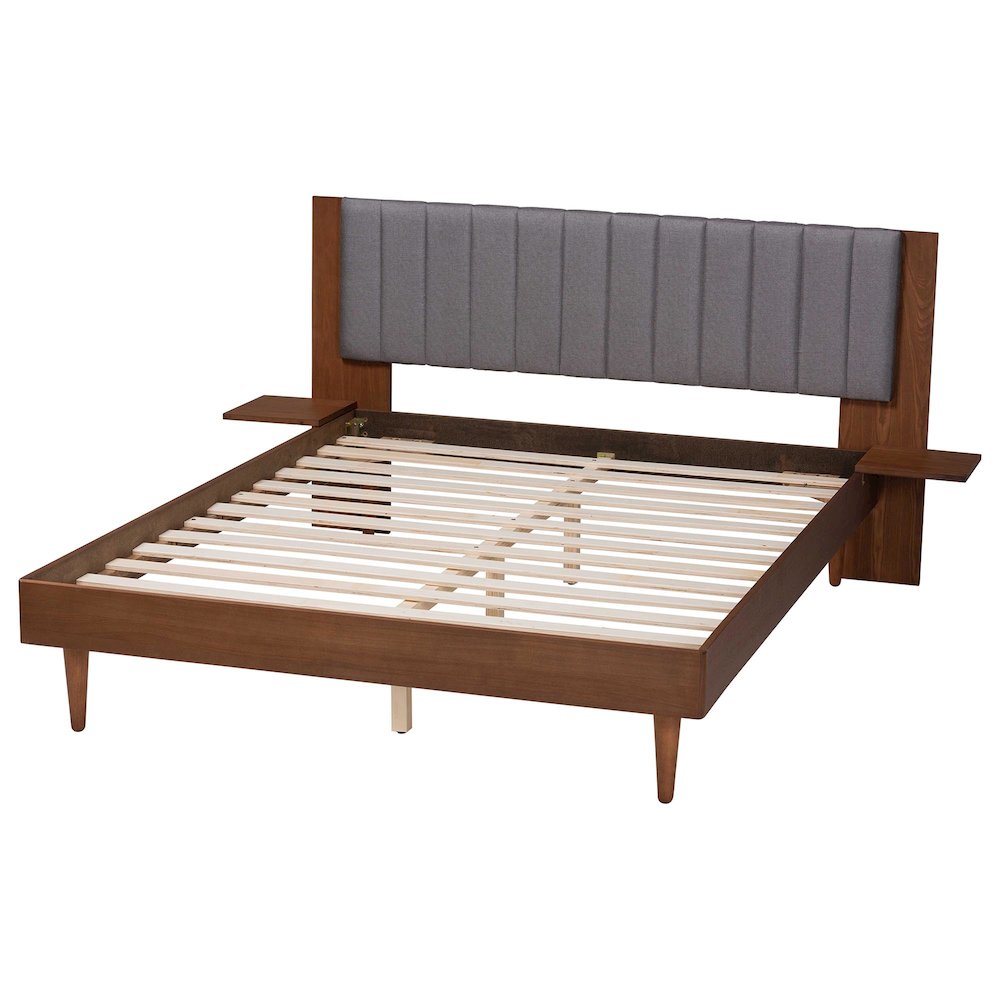 Grey Fabric and Walnut Brown Wood Queen Size Bed with Built-In Side Tables. Picture 14
