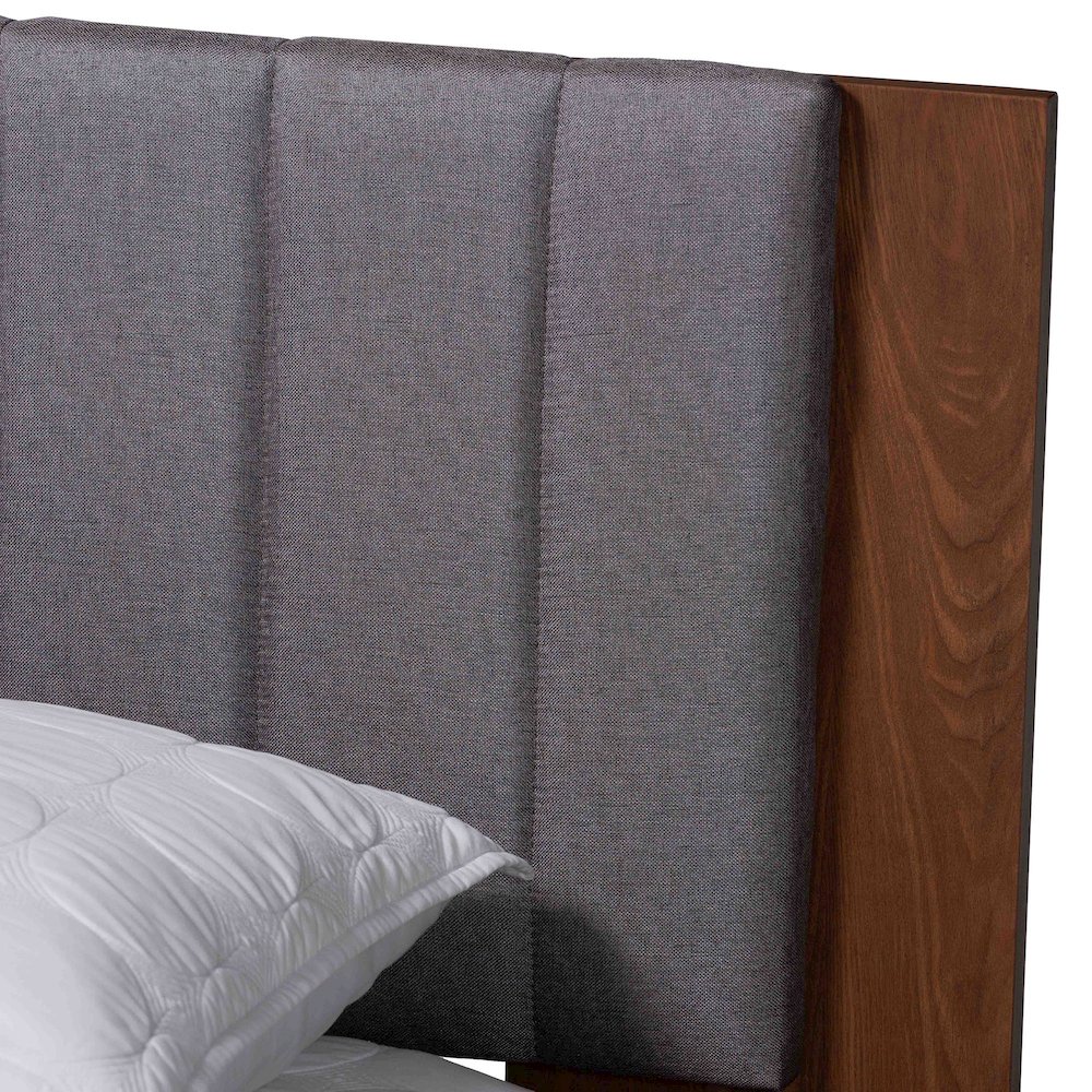 Grey Fabric and Walnut Brown Wood Queen Size Bed with Built-In Side Tables. Picture 15
