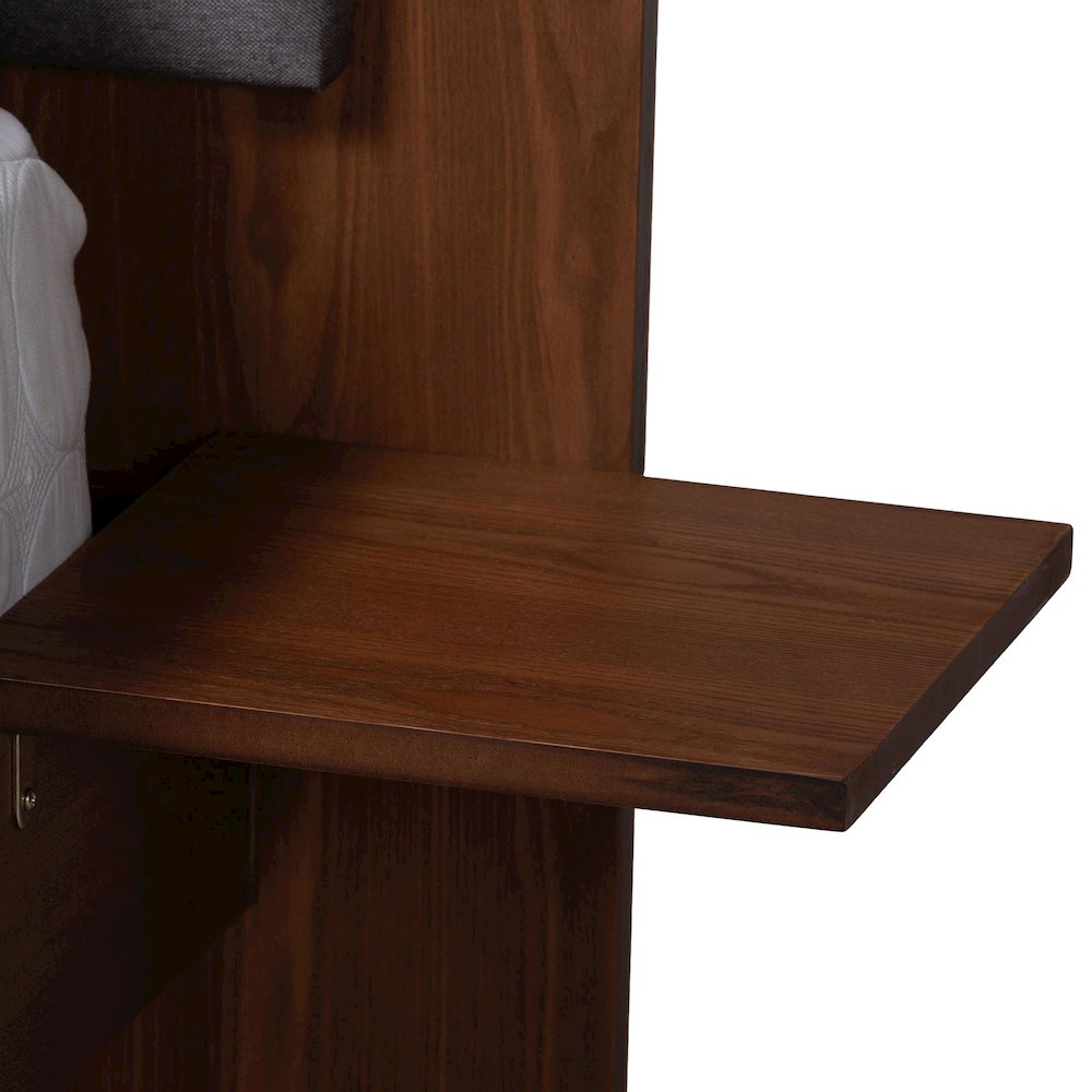 Grey Fabric and Walnut Brown Wood Queen Size Bed with Built-In Side Tables. Picture 16