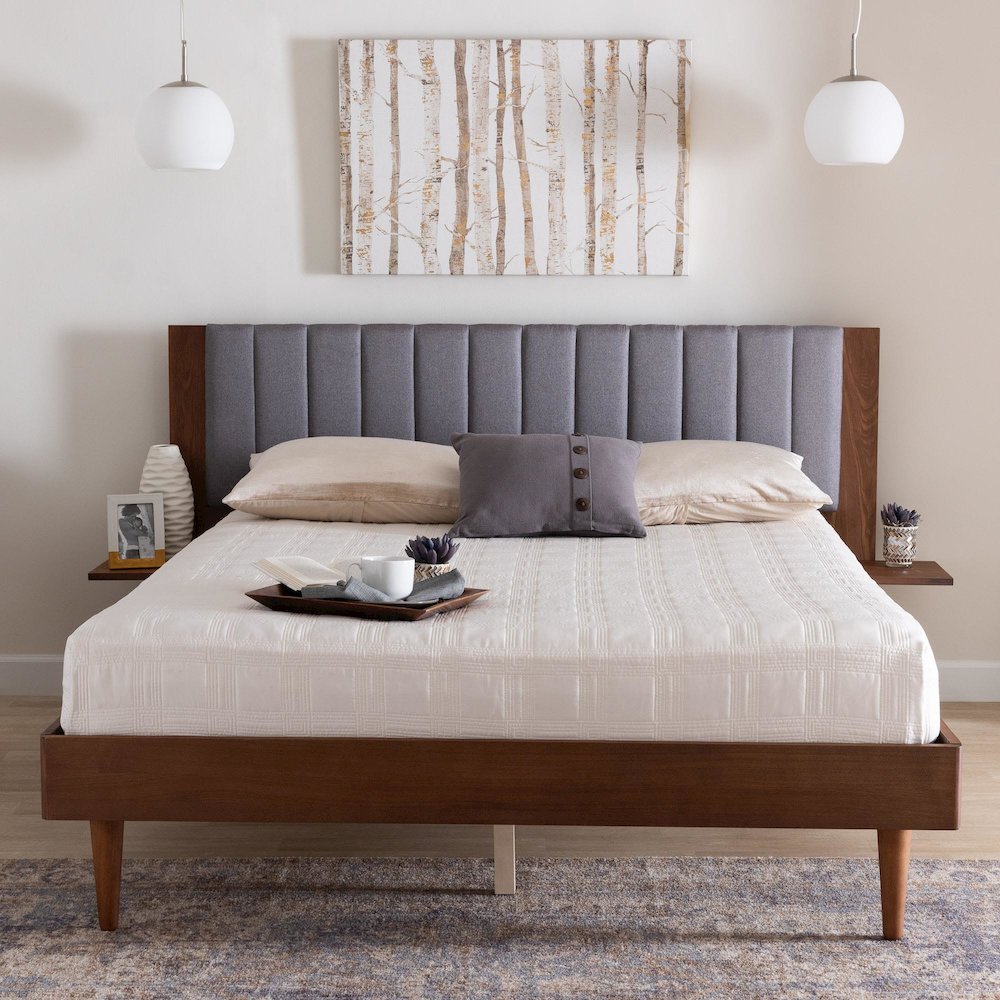 Grey Fabric and Walnut Brown Wood Queen Size Bed with Built-In Side Tables. Picture 20