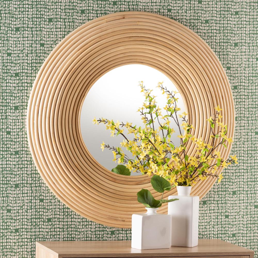 Drucilla Modern Bohemian Natural Brown Rattan Round Accent Wall Mirror. Picture 7