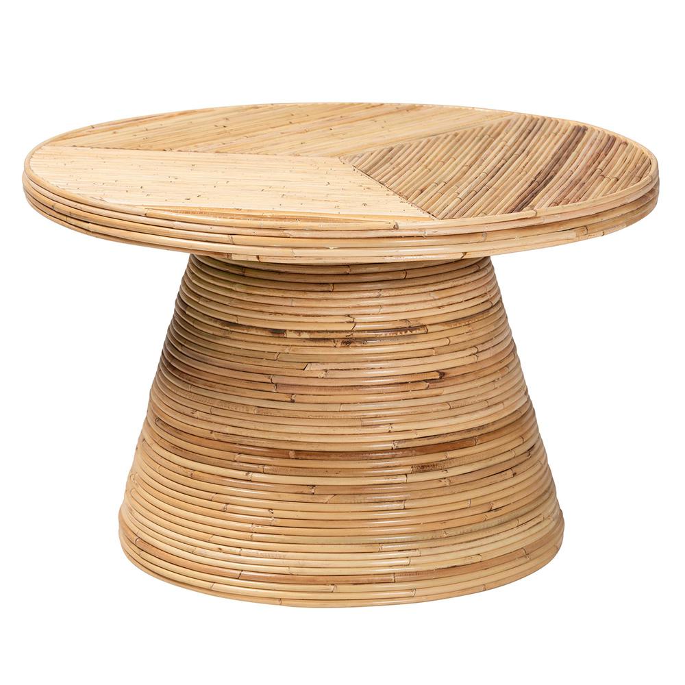 Bella Modern Bohemian Natural Rattan and Mahogany Wood Coffee Table. Picture 9
