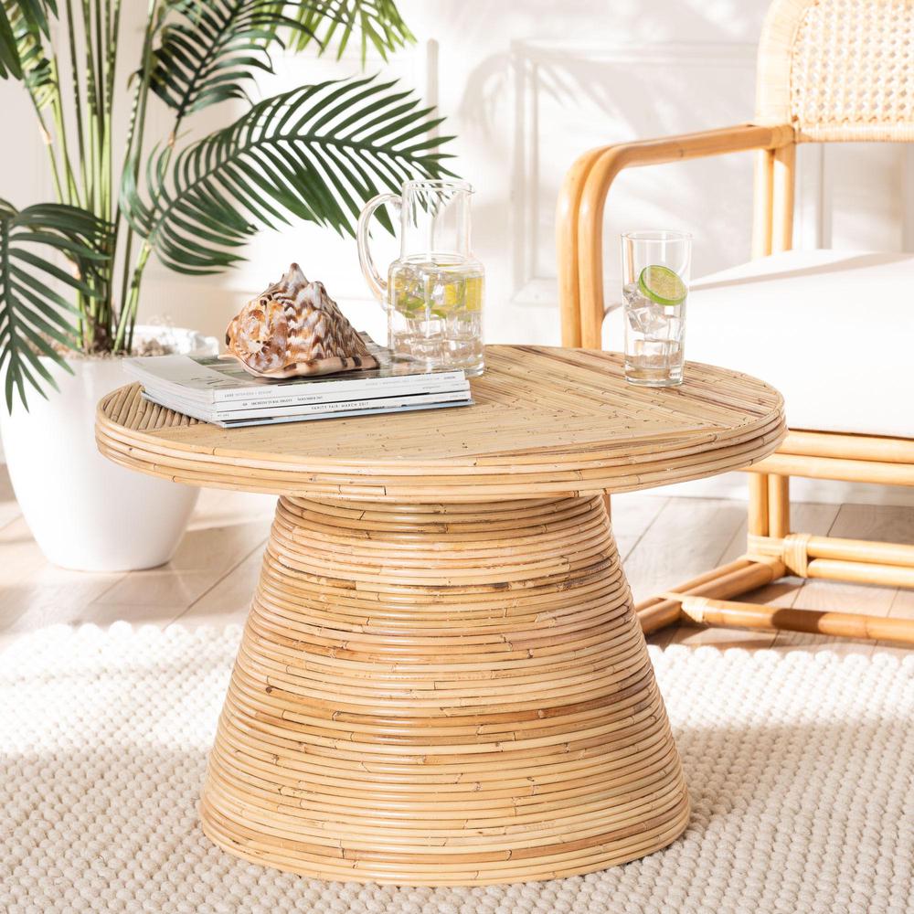 Bella Modern Bohemian Natural Rattan and Mahogany Wood Coffee Table. Picture 14