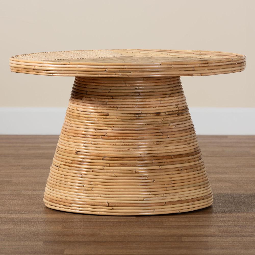 Bella Modern Bohemian Natural Rattan and Mahogany Wood Coffee Table. Picture 15