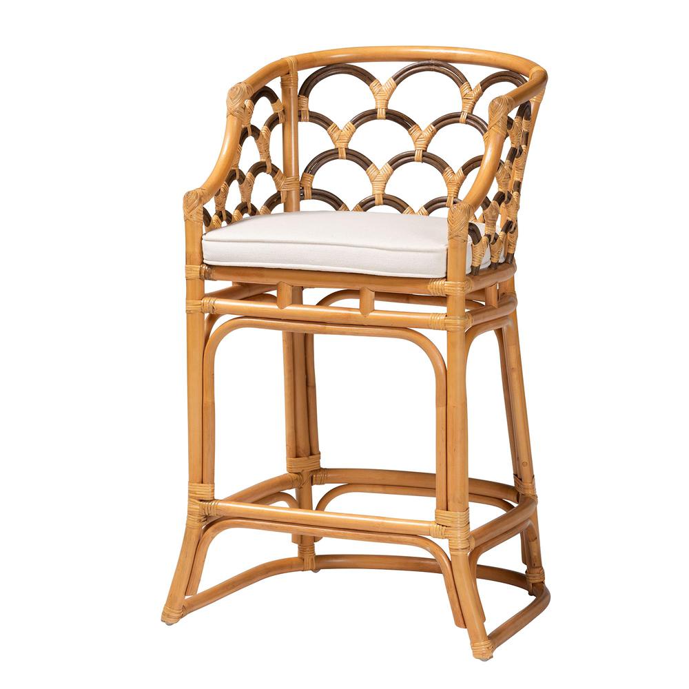 Veneto Modern Bohemian Light Honey and Dark Brown Rattan Bar Stool. Picture 11