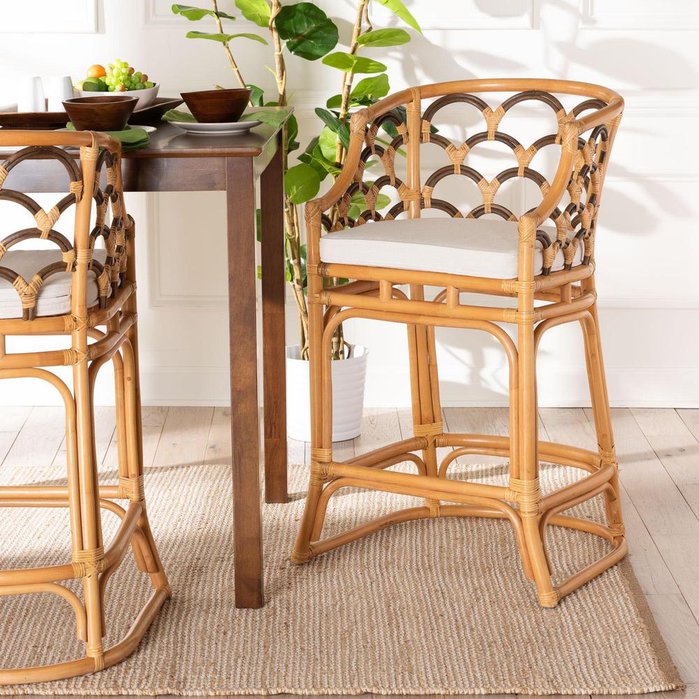 Veneto Modern Bohemian Light Honey and Dark Brown Rattan Bar Stool. Picture 18