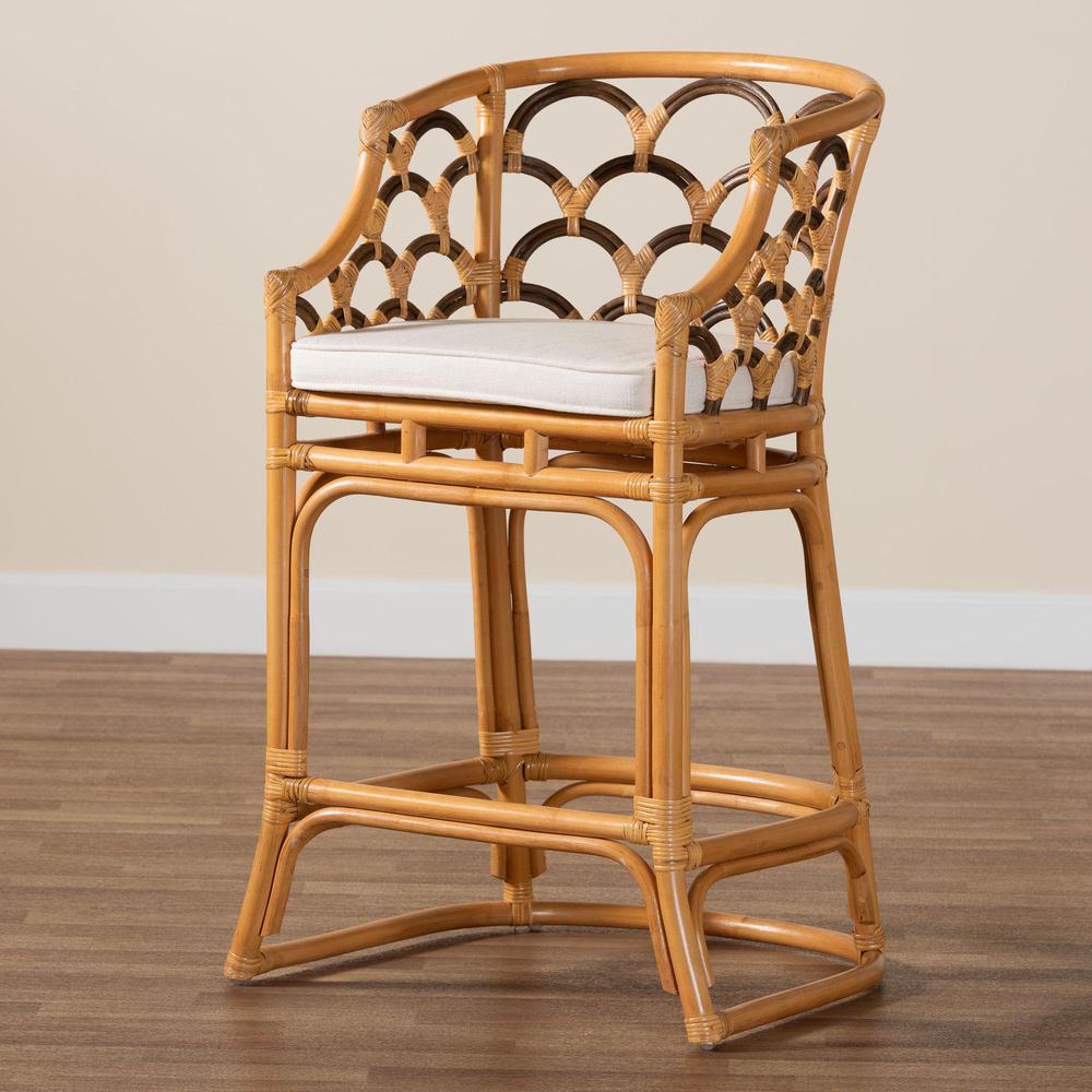 Veneto Modern Bohemian Light Honey and Dark Brown Rattan Bar Stool. Picture 19