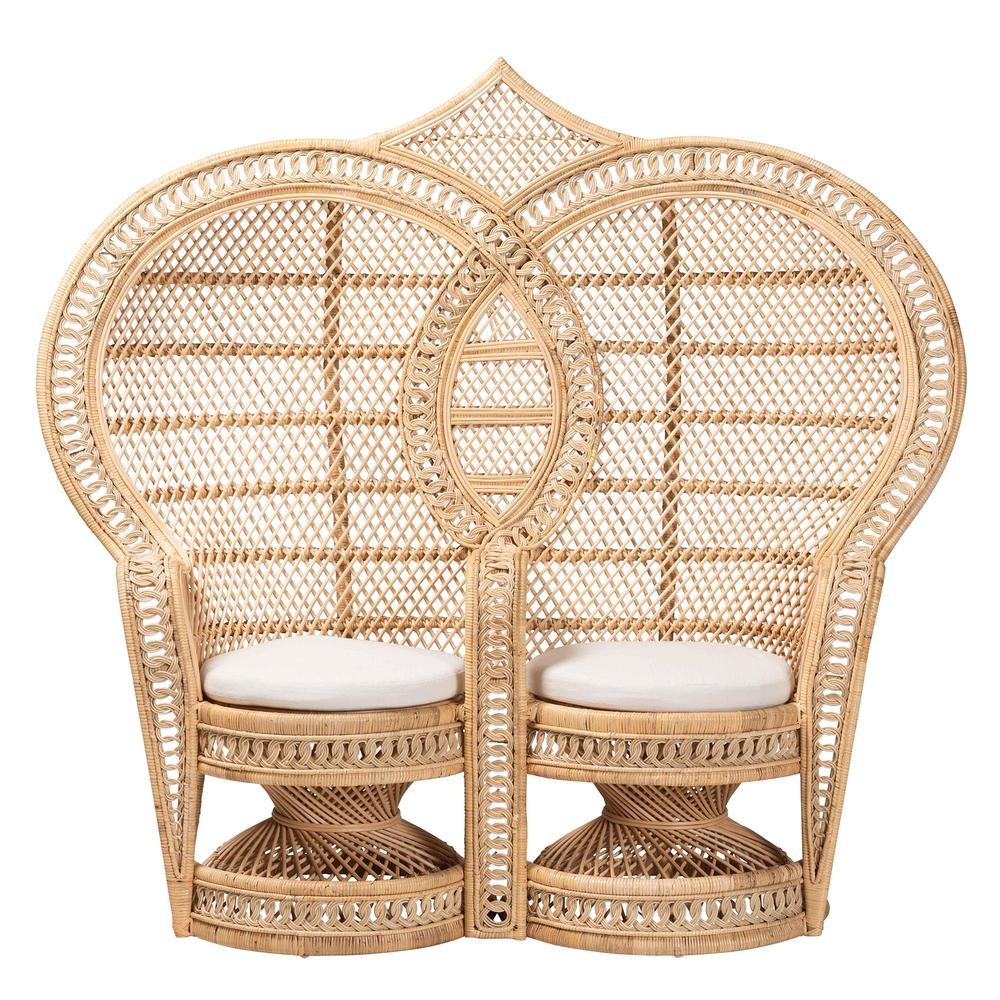 Nerita Modern Bohemian Natural Brown Rattan Two-Seater Peacock Chair. Picture 12