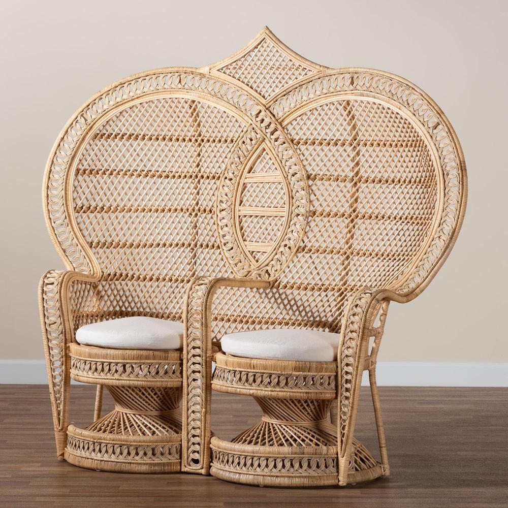 Nerita Modern Bohemian Natural Brown Rattan Two-Seater Peacock Chair. Picture 19