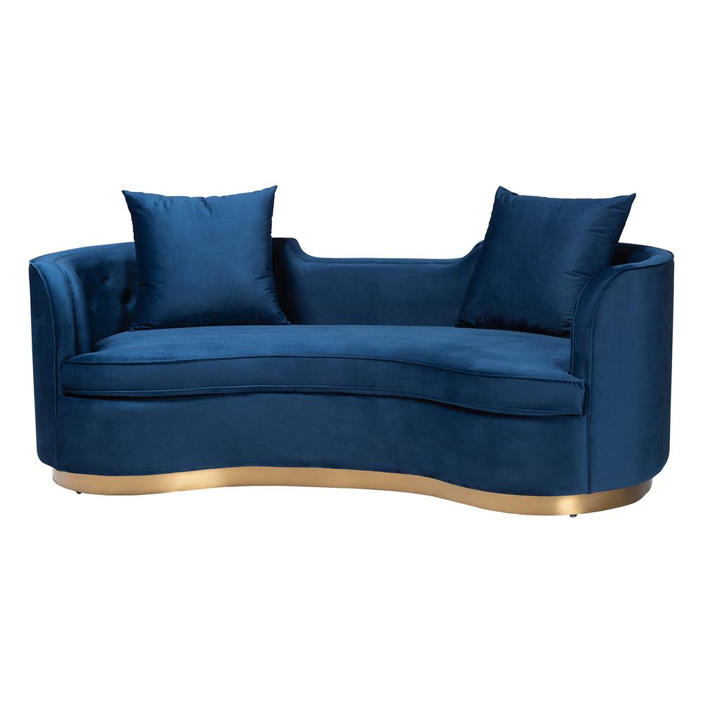Baxton Studio Deserae Glam and Luxe Navy Blue Velvet and Brushed Gold Metal Sofa. Picture 1