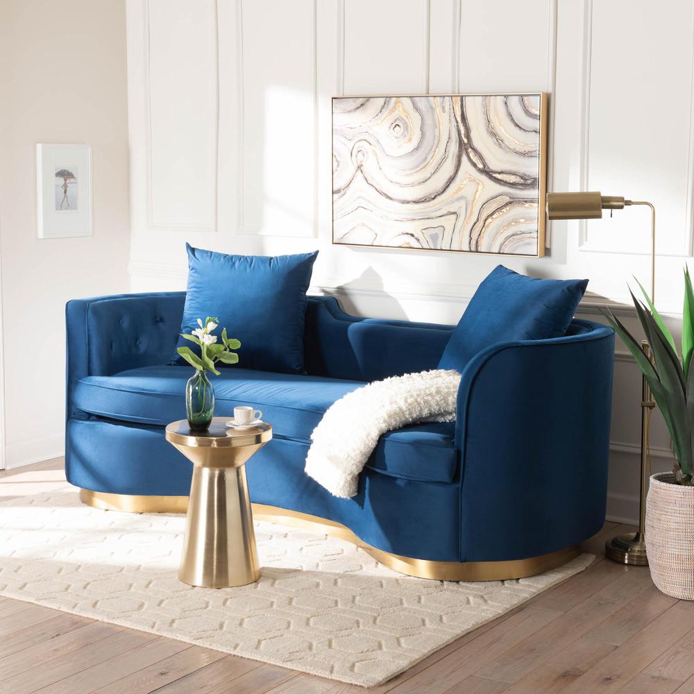 Baxton Studio Deserae Glam and Luxe Navy Blue Velvet and Brushed Gold Metal Sofa. Picture 8
