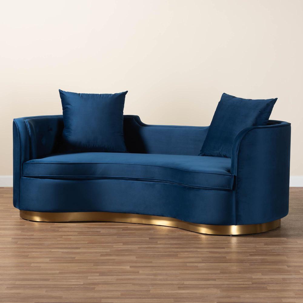 Baxton Studio Deserae Glam and Luxe Navy Blue Velvet and Brushed Gold Metal Sofa. Picture 9