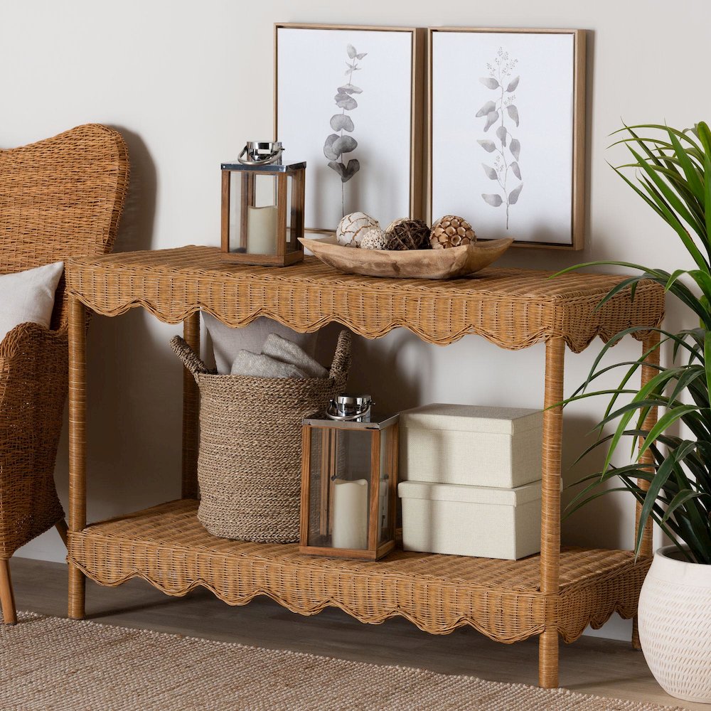 Oteria Bohemian Light Honey Scalloped Rattan Console Table. Picture 10