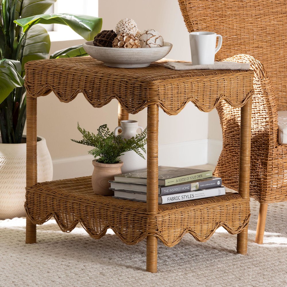 Oteria Bohemian Light Honey Scalloped Rattan Side Table. Picture 10
