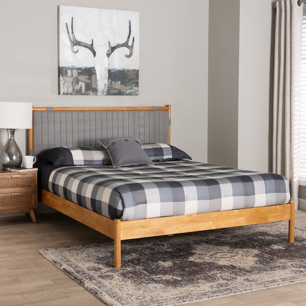 Jaiana Mid-Century Grey Fabric and Oak Brown Wood Queen Size Bed. Picture 10