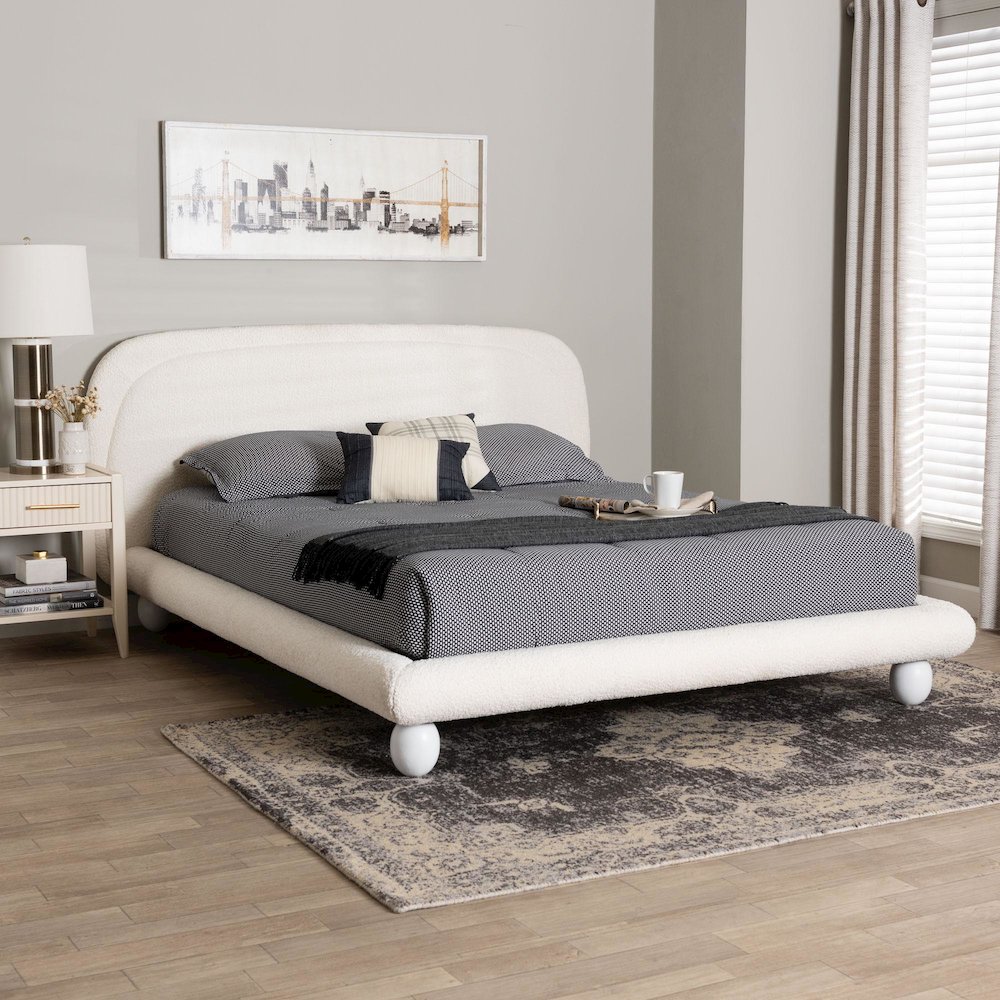 Eladio Modern Luxe Ivory Boucle Fabric Queen Size Bed. Picture 10