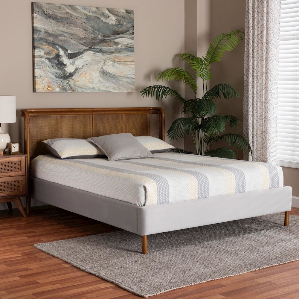 Harrell Mid-Century Modern Grey Velvet and Woven Rattan Wood Queen Size Bed. Picture 10