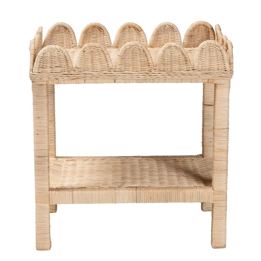 Sumana Bohemian Scallop Natural Rattan and Mahogany Side Table. Picture 3