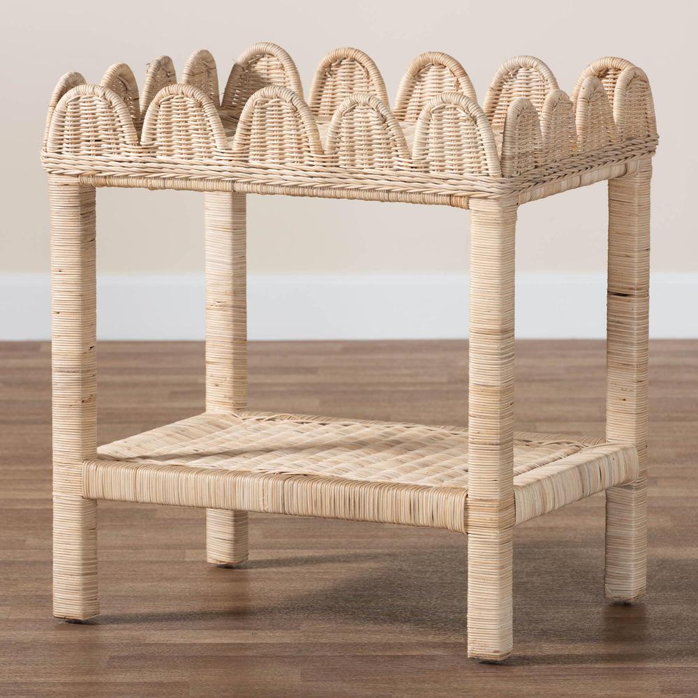 Sumana Bohemian Scallop Natural Rattan and Mahogany Side Table. Picture 8