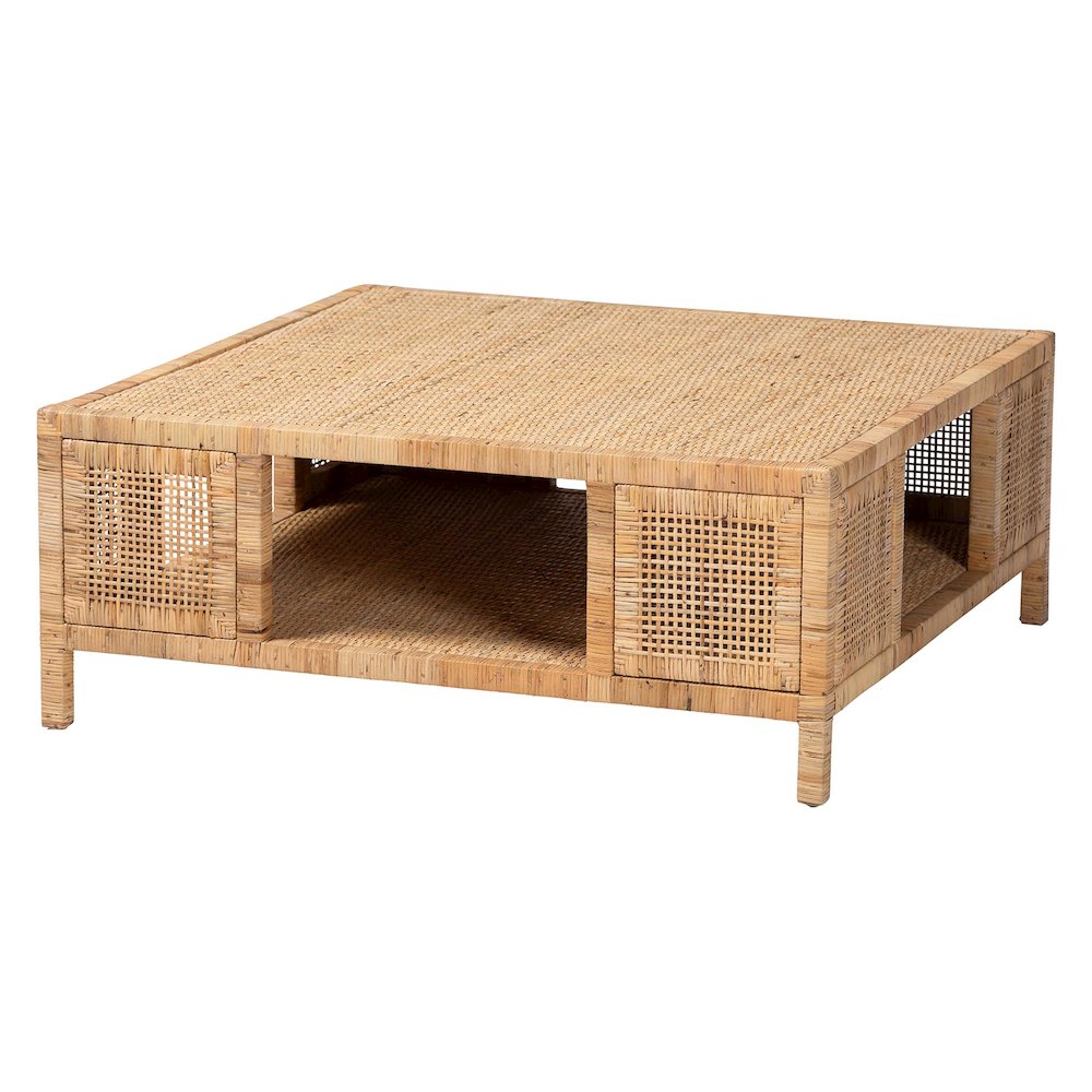 Kalimantan Bohemian Light Honey Rattan and Mahogany Wood Square Coffee Table. Picture 1