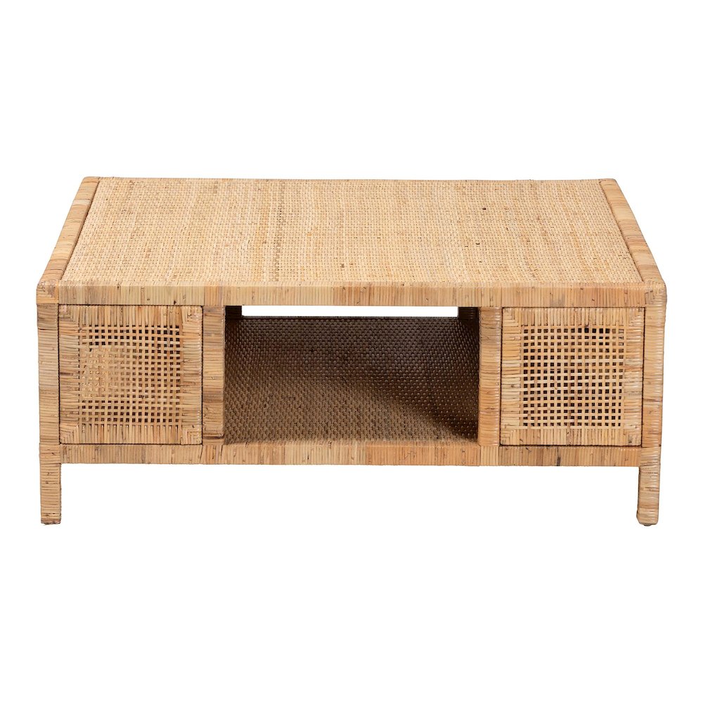 Kalimantan Bohemian Light Honey Rattan and Mahogany Wood Square Coffee Table. Picture 2