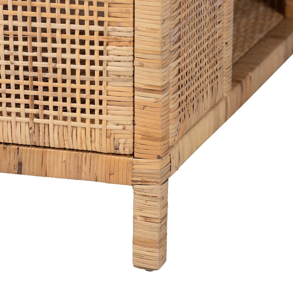 Kalimantan Bohemian Light Honey Rattan and Mahogany Wood Square Coffee Table. Picture 4