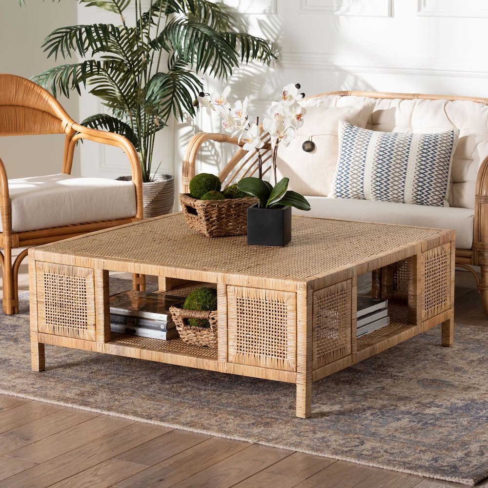 Kalimantan Bohemian Light Honey Rattan and Mahogany Wood Square Coffee Table. Picture 5