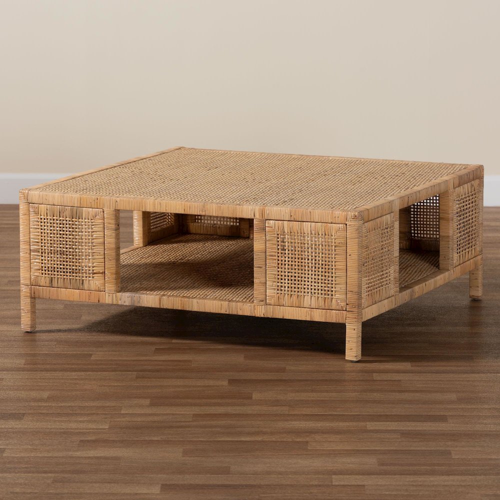 Kalimantan Bohemian Light Honey Rattan and Mahogany Wood Square Coffee Table. Picture 6