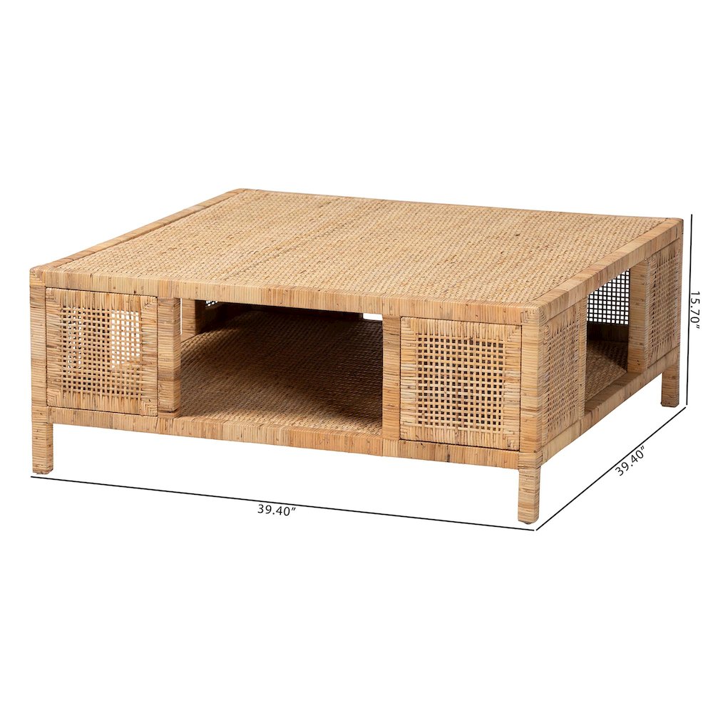 Kalimantan Bohemian Light Honey Rattan and Mahogany Wood Square Coffee Table. Picture 3