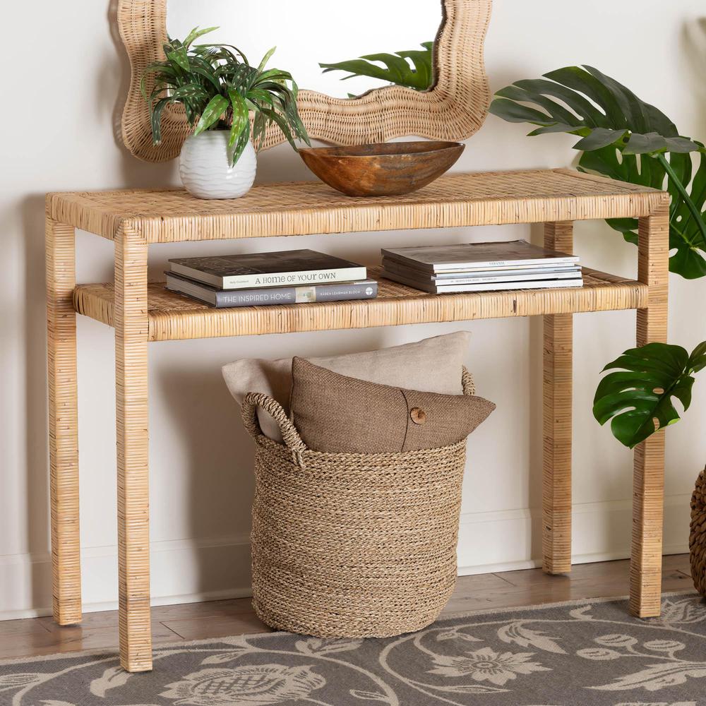 Kalimantan Bohemian Light Honey Rattan and Acacia Wood Console Table. Picture 16
