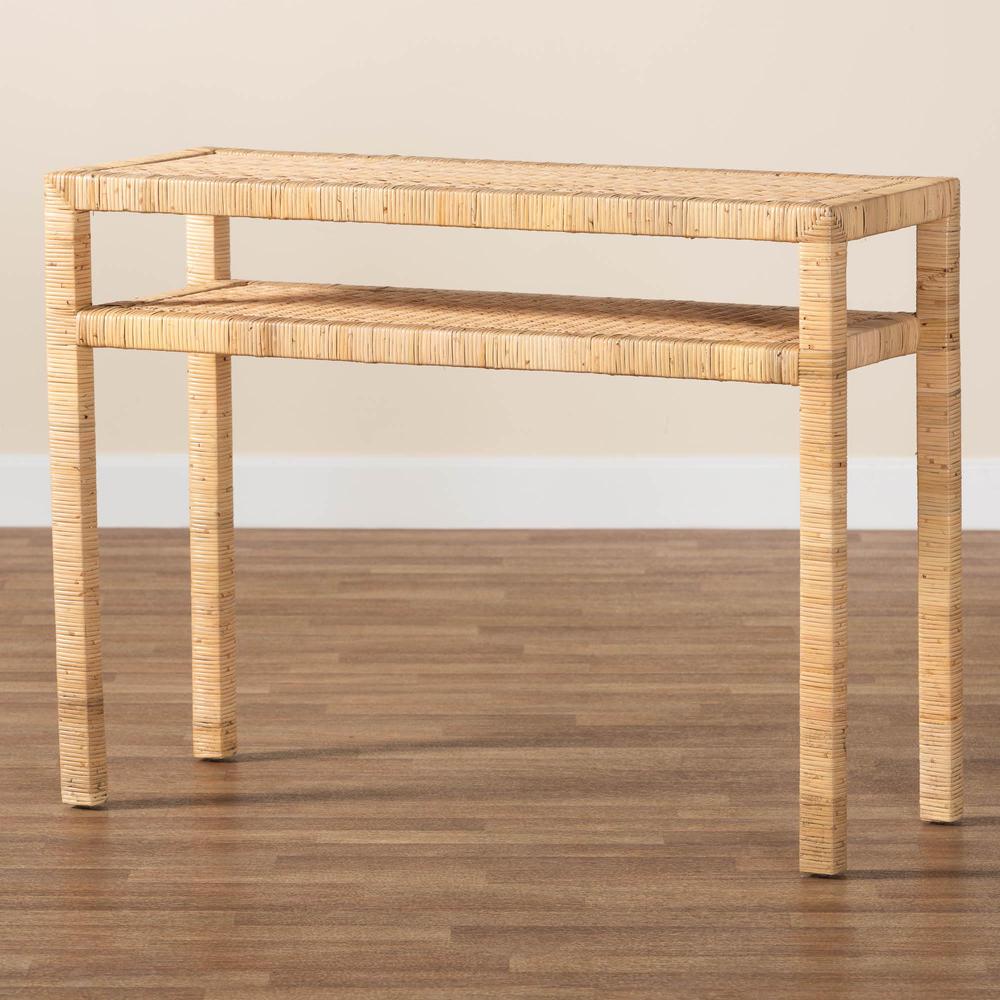 Kalimantan Bohemian Light Honey Rattan and Acacia Wood Console Table. Picture 17