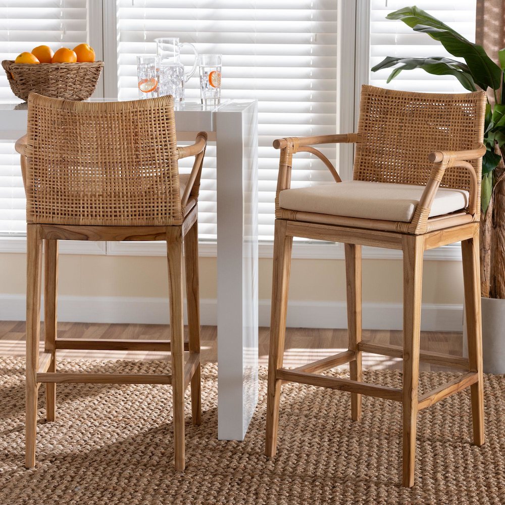 Storsel Bohemian Natural Rattan and Teak Wood 2-Piece Bar Stool Set. Picture 10