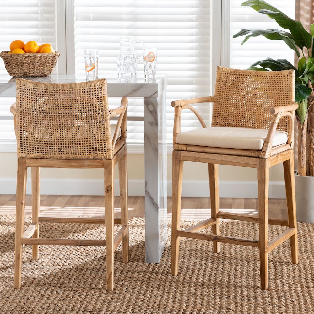 Storsel Bohemian Natural Rattan and Teak Wood 2-Piece Counter Stool Set. Picture 8