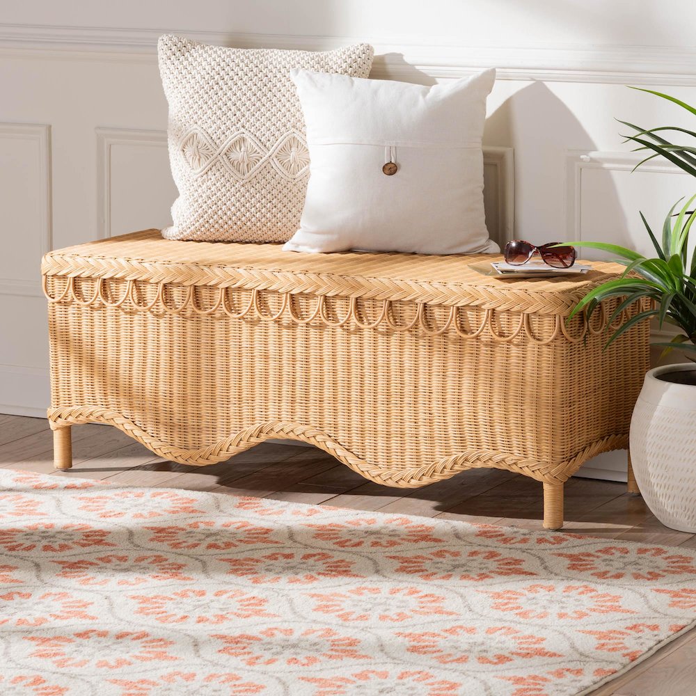 Erla Bohemian Light Honey Rattan Accent Bench with Scallop border. Picture 9