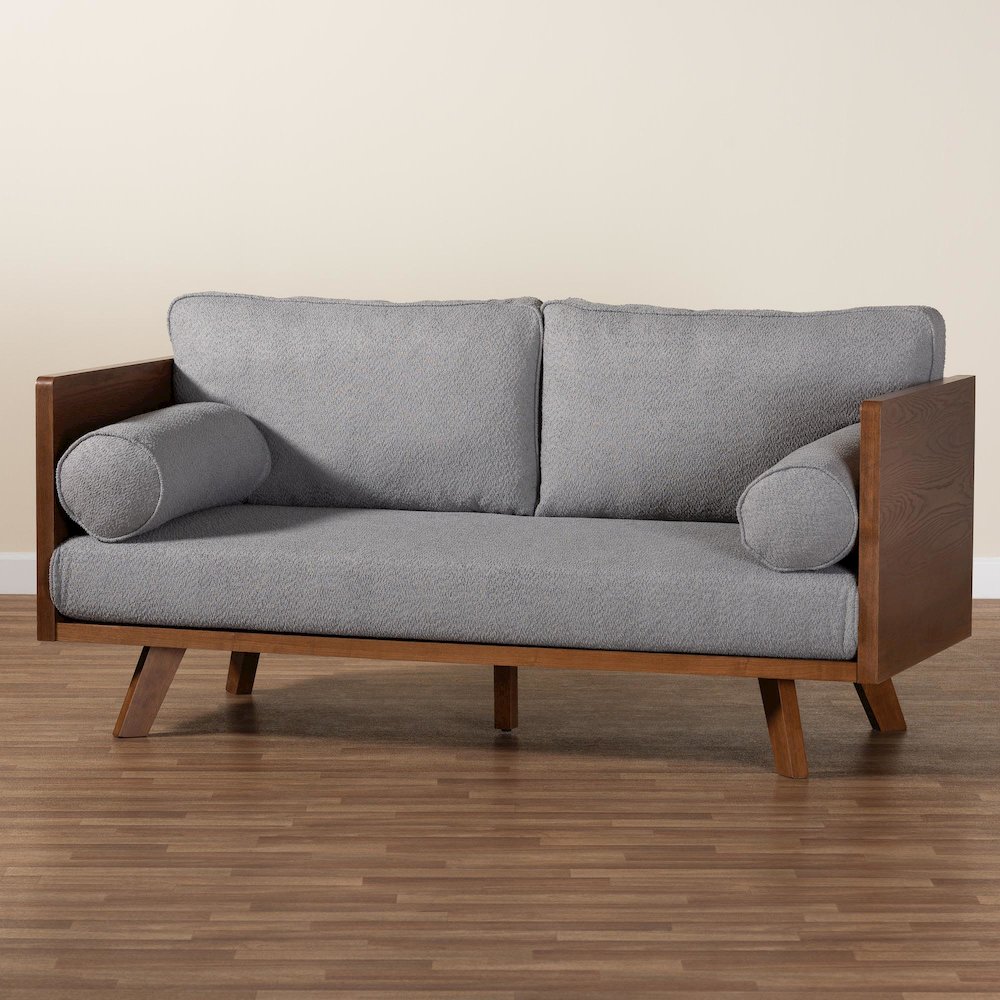 Uriel Mid-Century Modern Grey Boucle Fabric Sofa. Picture 21