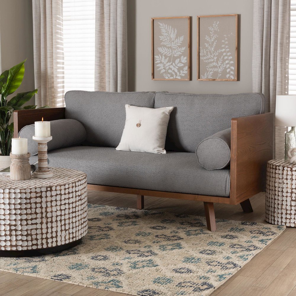 Uriel Mid-Century Modern Grey Boucle Fabric Sofa. Picture 19