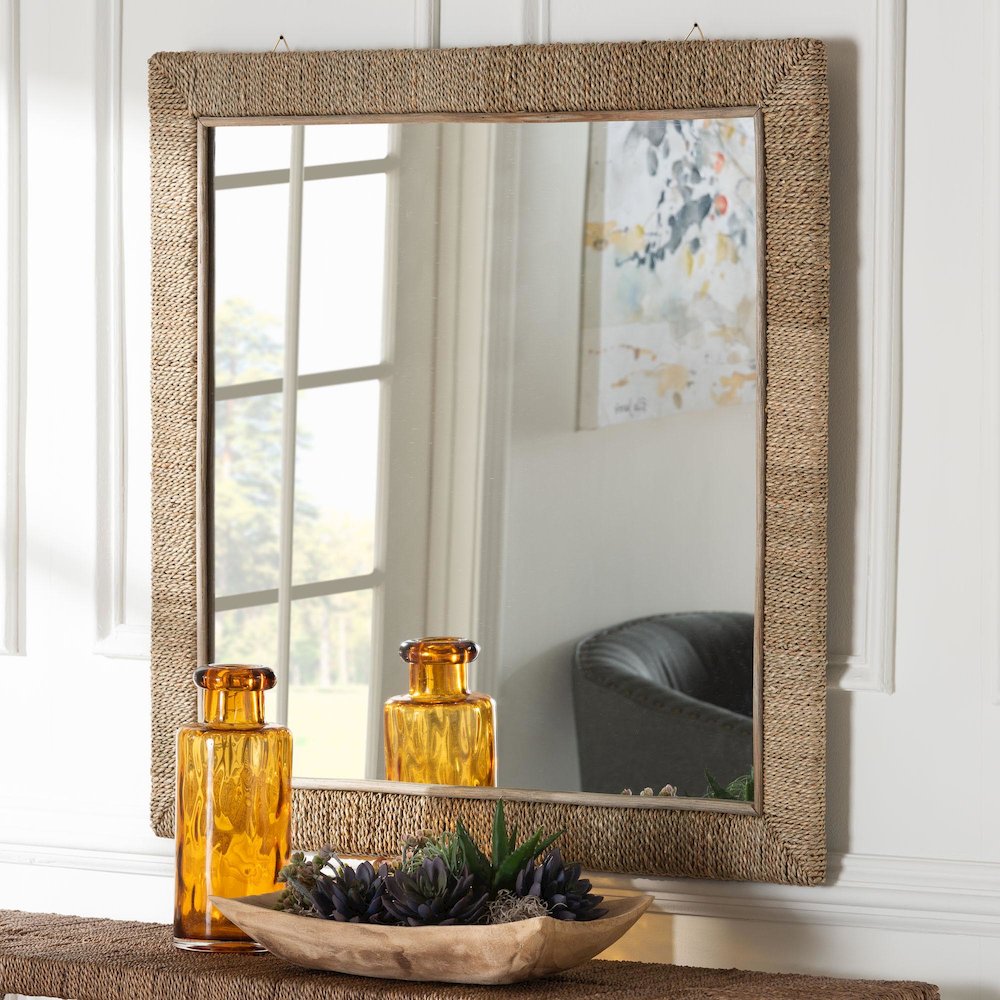 Geralyn Japandi Natural Seagrass Square Wall Mirror. Picture 7