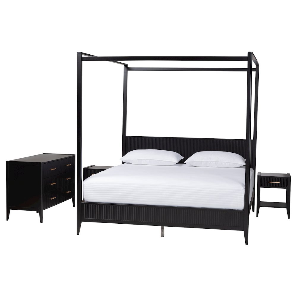 Primrose Mid-Century Black Fluted Wood King Size 4-Piece Canopy Bedroom Set. Picture 11