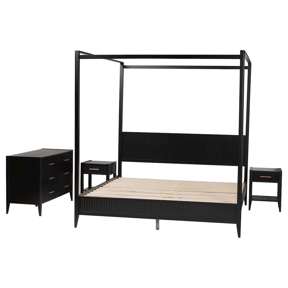 Primrose Mid-Century Black Fluted Wood King Size 4-Piece Canopy Bedroom Set. Picture 12