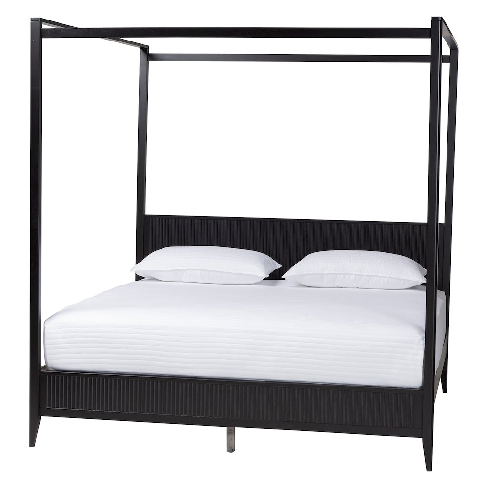 Primrose Mid-Century Black Fluted Wood King Size 4-Piece Canopy Bedroom Set. Picture 13