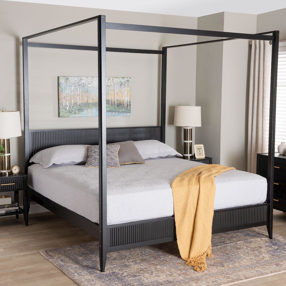 Primrose Mid-Century Black Fluted Wood King Size Canopy Bed. Picture 16