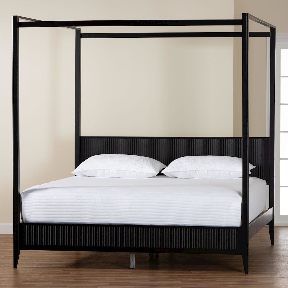 Primrose Mid-Century Black Fluted Wood King Size Canopy Bed. Picture 17